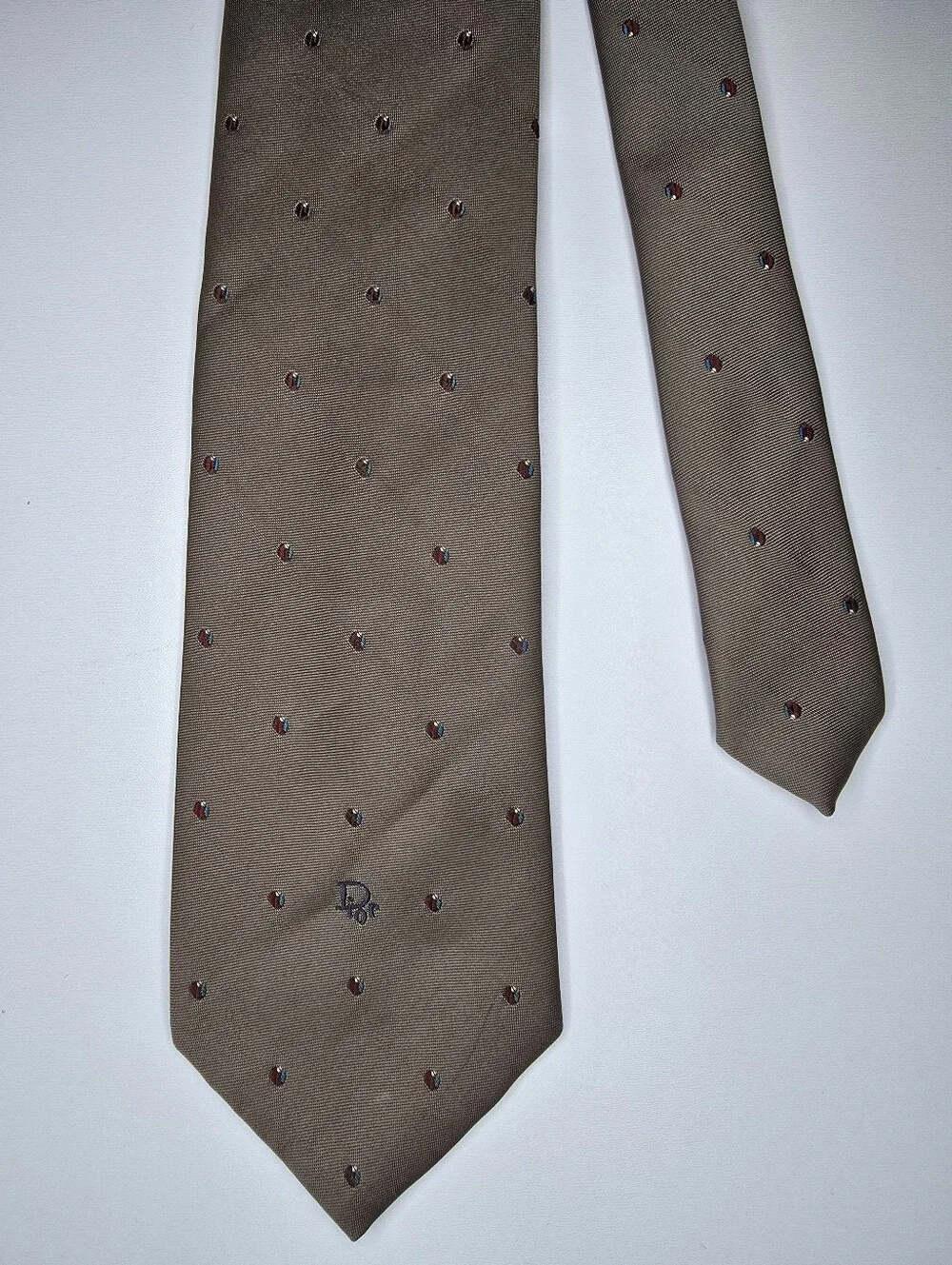 Vintage Christian Dior Necktie Brown Red Blue Dot Pattern 95% Polyester 5% Silk